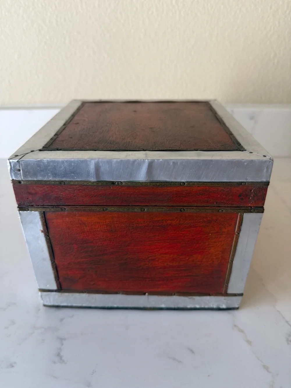 Vintage Handmade Wooden Box with Brass and Aluminum Trim.